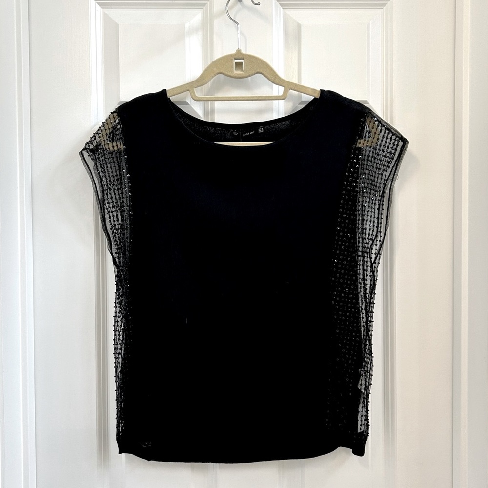 ZARA black beaded mesh knit cap sleeve sweater